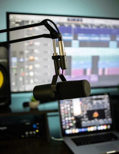 black and gray microphone with stand